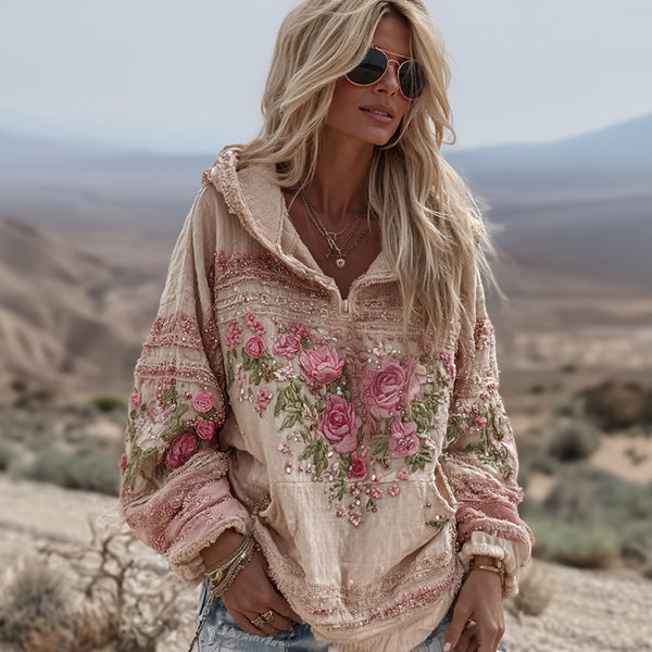 Sudadera informal de media cremallera con estampado floral de rosas vintage para mujer 