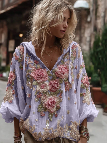 Sudadera con capucha de cuello en V cálida y bordada floral vintage para mujer 