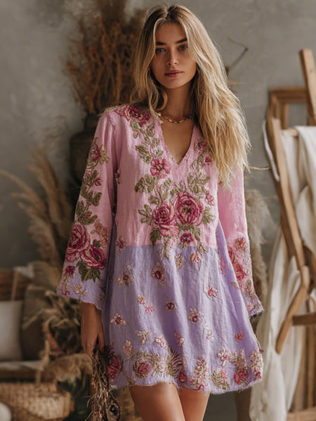 Vestido casual bohemio elegante con cuello en V y rosas rosas degradadas bordadas para mujer 
