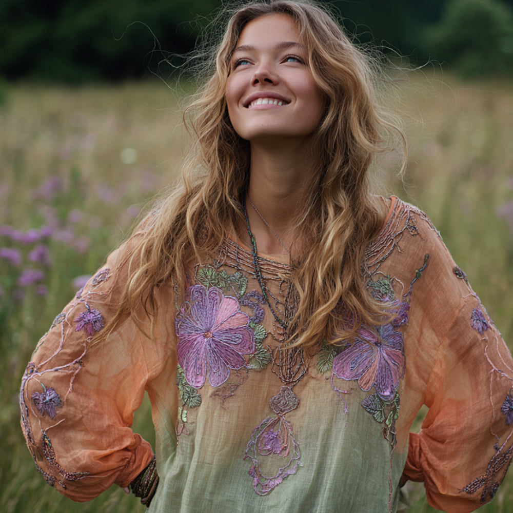 Vestido informal de manga larga con cuello redondo y bordado floral tipo mandala para mujer, estilo tie-dye. 