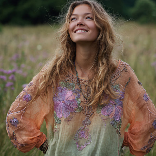 Vestido informal de manga larga con cuello redondo y bordado floral tipo mandala para mujer, estilo tie-dye. 