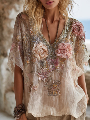 Chemise bohème à manches courtes et col en V en lin, ornée de fleurs roses brodées en relief, symbole de sensibilisation au cancer du sein 