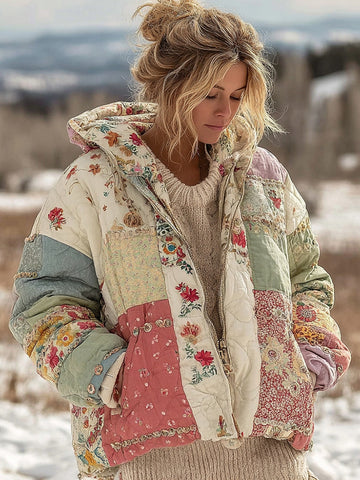 Vêtements chauds à capuche rembourrés en coton à patchwork floral pour femmes 