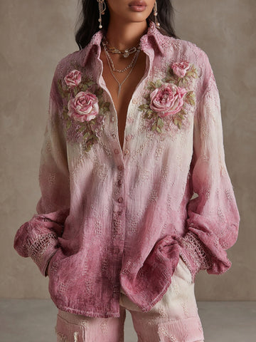 Chemise confortable pour femme avec broderie rose dégradée 