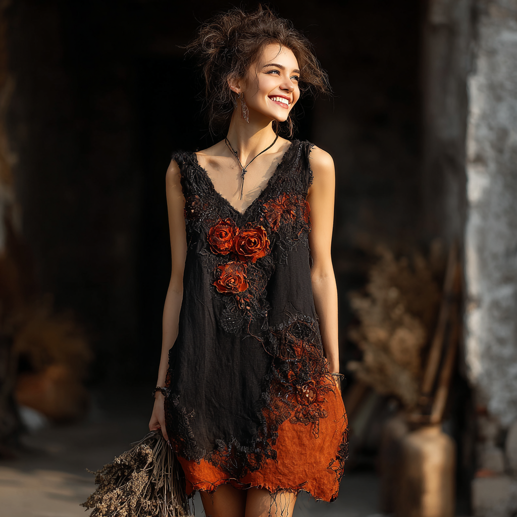 Vestido de mujer con cuello en V bordado de telaraña y rosas para Halloween 