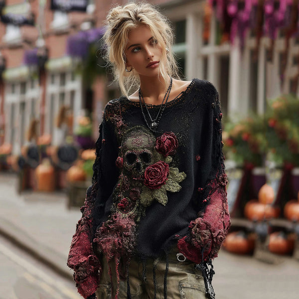 Suéter de punto grueso con lentejuelas y bordado de calavera de rosa 