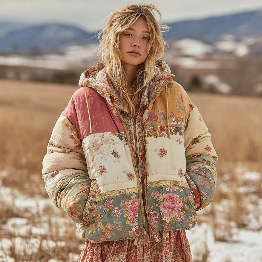 Women's Boho Floral Patchwork Quilted Warm Hooded Cotton Padded Clothes