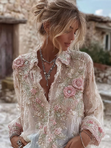 Camisa de manga larga de lino y mezcla de lino para mujer con bordado de rosas rosas 