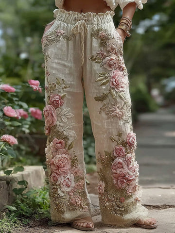 Pantalon décontracté en lin pour femme, orné de broderies florales rétro 