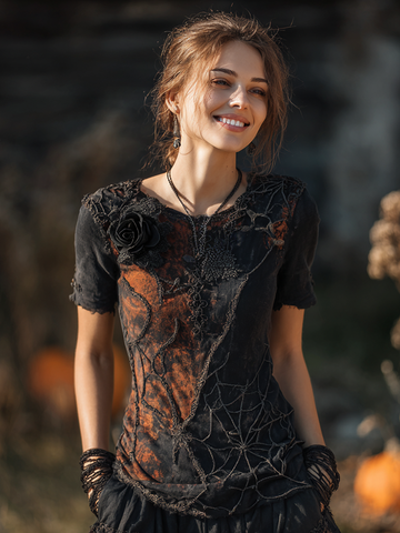 Camiseta de cuello redondo bordada con telaraña y rosa para mujer, ideal para Halloween. 