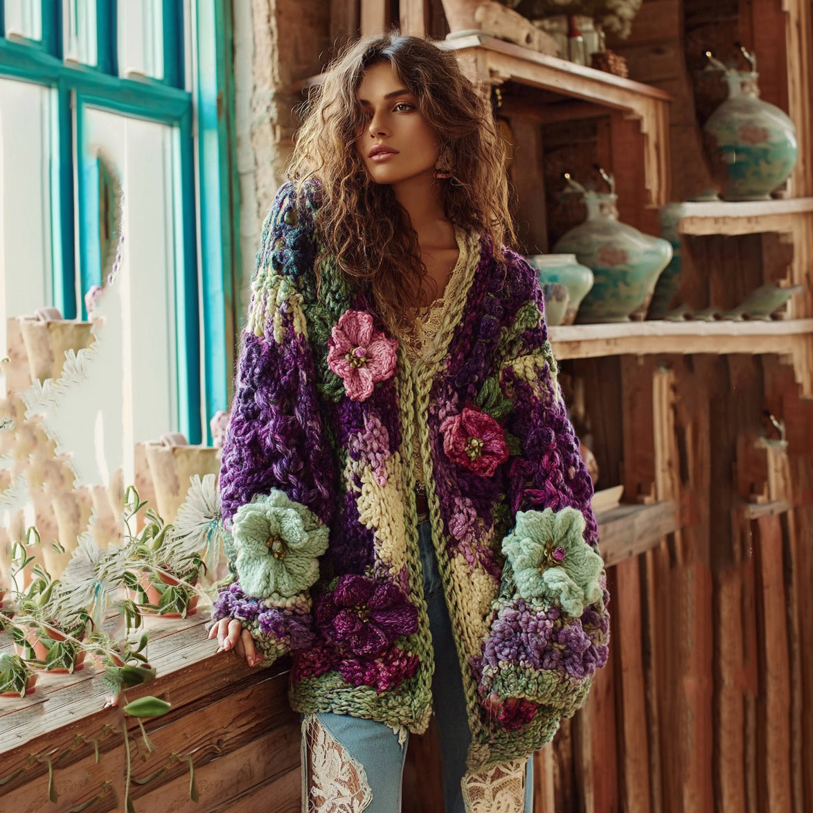 Cárdigan bohemio de punto grueso con contraste floral de ganchillo para mujer 