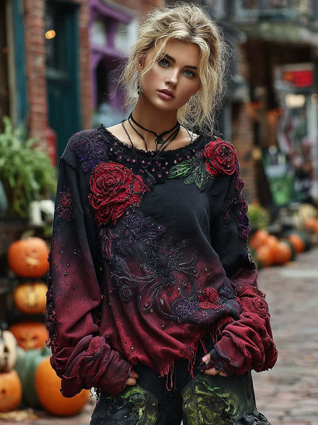 Vintage Rose Embroidery Beaded Gradient Crew Neck Sweatshirt