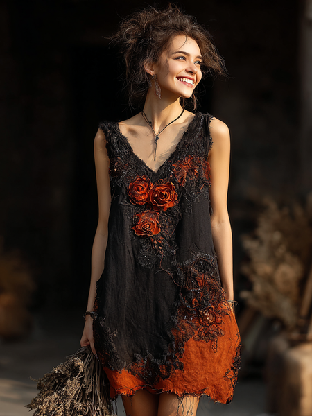 Vestido de mujer con cuello en V bordado de telaraña y rosas para Halloween 