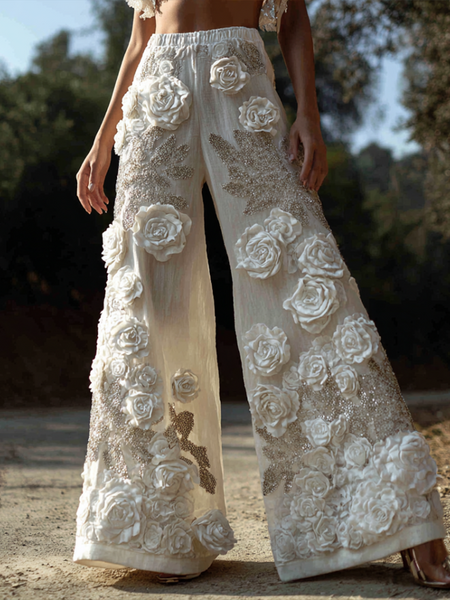 Pantalones largos holgados de pierna ancha para mujer, de algodón y lino, con bordado tridimensional de rosas de estilo bohemio. 
