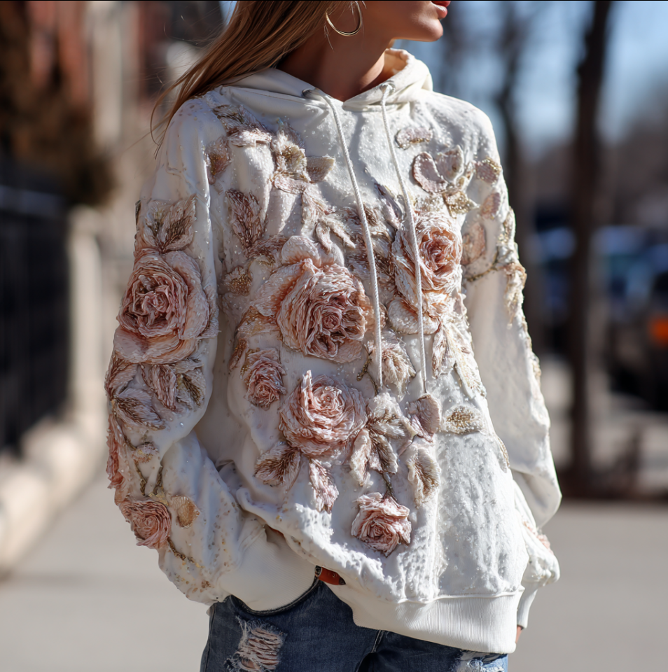 Sweat-shirt à capuche à manches longues pour femme, style bohème, rose 3D à sequins. 