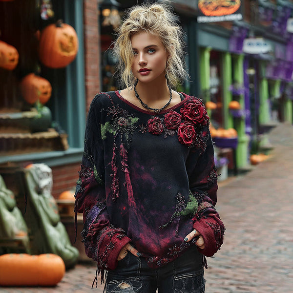 Vintage Rose Embroidery Beaded Gradient Sweatshirt