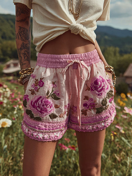 Shorts de mujer con estampado patchwork floral de rosas y cordón ajustable 