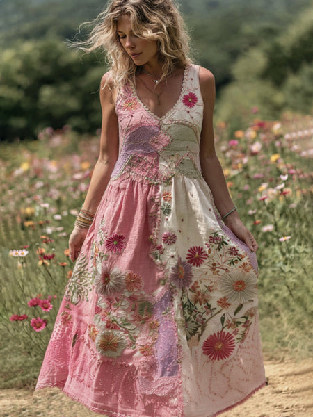 Vestido largo de mujer con patchwork de rosas bordadas 