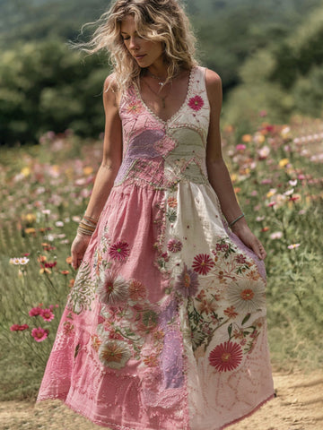 Vestido largo de mujer con patchwork de rosas bordadas 