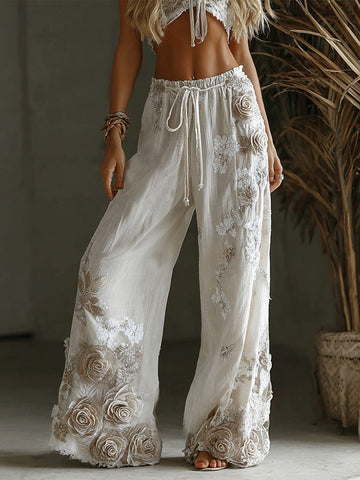 Pantalon décontracté en lin pour femme, orné de broderies florales rétro 