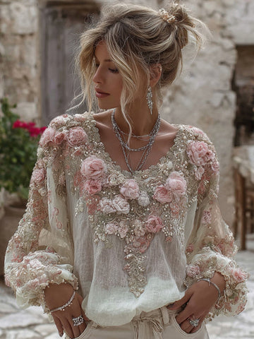 Camiseta vintage de mujer con cuello redondo y bordado de rosas rosas, mezcla de lino 