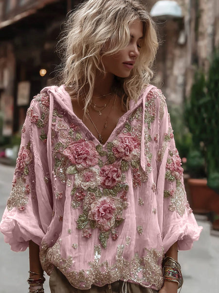 Sudadera con capucha de cuello en V cálida y bordada floral vintage para mujer 