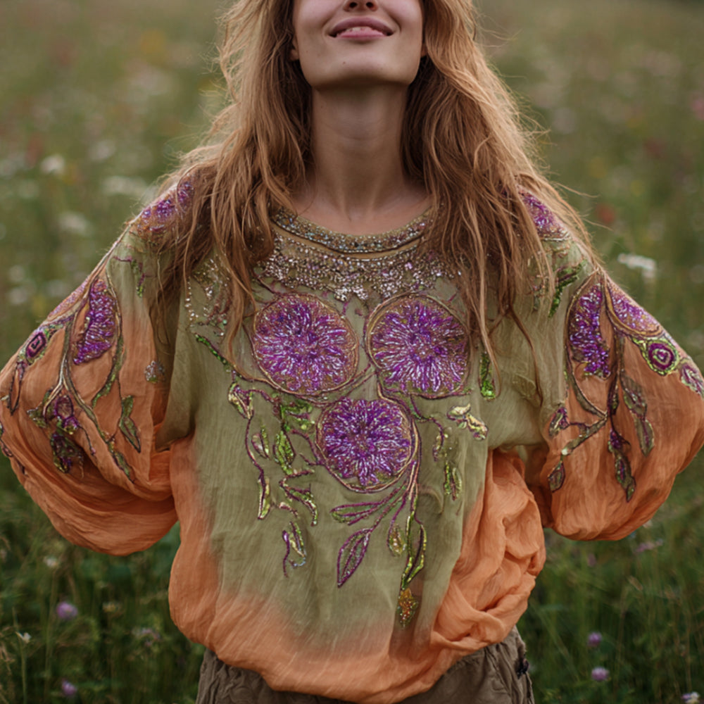 Ladies' Mandala Flower Embroidery And Tie-dye Vintage Round-neck Long-sleeve Shirt