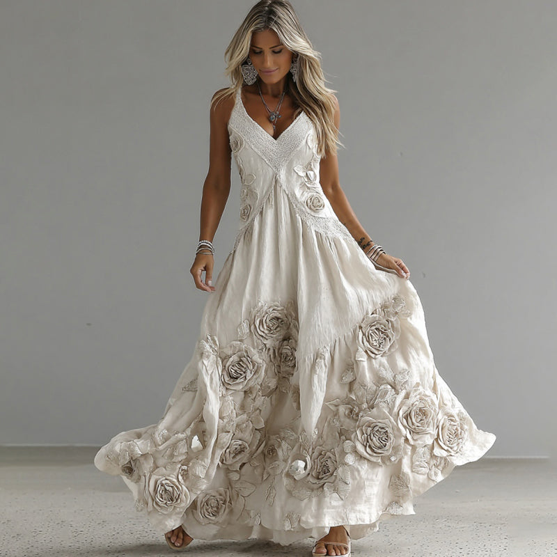 Women's Vintage White Rose Embroidery Art V-neck Suspender Maxi Dress