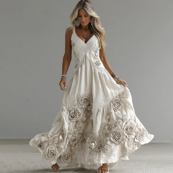 Women's Vintage White Rose Embroidery Art V-neck Suspender Maxi Dress