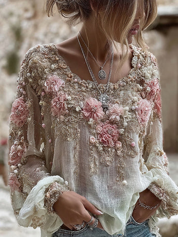 Camiseta de manga larga con cuello redondo y bordado de rosas rosas para mujer, de mezcla de lino 