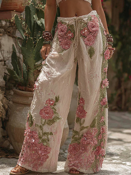 Pantalones casuales retro clásicos bohemios de color rosa con bloques de color 