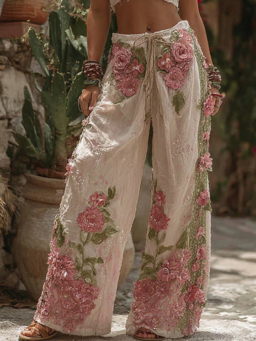 Pantalones casuales retro clásicos bohemios de color rosa con bloques de color 