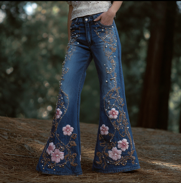 Jean à pattes d'éléphant pour femme, style bohème, broderie florale végétale, coupe ample, jambes larges et droites 