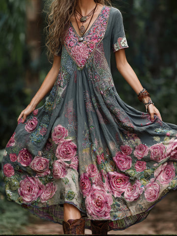 Bohemian Style Three-dimensional Embroidered Rose Diamond Embellished Color-block Dreamy Pink-green Vintage V-neck Slim Short-sleeved A-line Long Dress