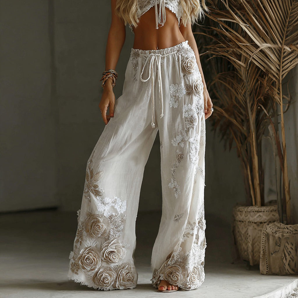 Pantalones de lino casuales para mujer con bordado floral retro 