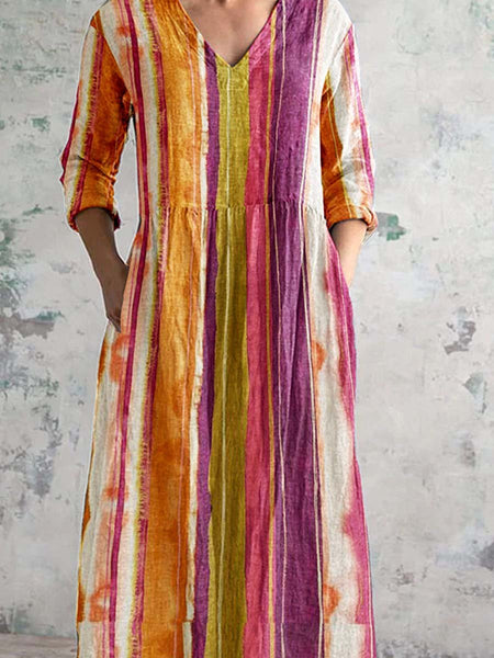 Women's Vintage Boho Stripe Pattern V Neck Dress with Pockets