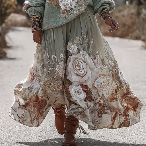 Classic Rose Art Cozy Knit Round Neck Sweater And Linen Skirt Two-piece Set