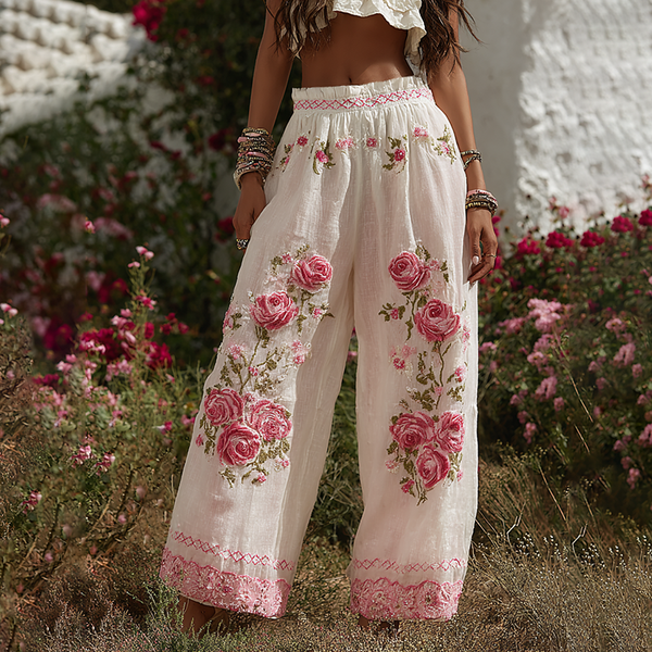 Pantalones de mujer con estampado patchwork floral de rosas, cintura elástica y bolsillos 