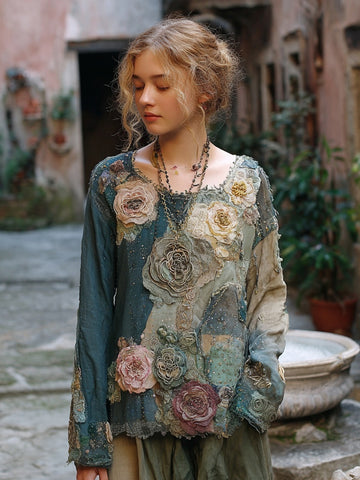 Túnica vintage boho de lino con patchwork bordado de rosas 