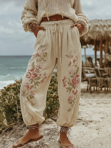 Pantalon de survêtement décontracté pour femme, orné de broderies florales vintage 
