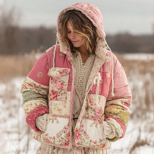 Ropa acolchada con capucha de algodón cálido con patchwork floral para mujer 