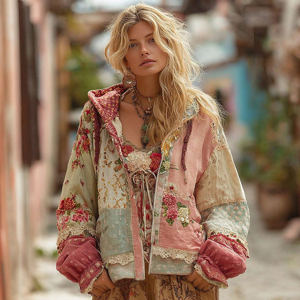 Women's Floral Embroidery Color Block Boho Casual Zip-up Hoodie