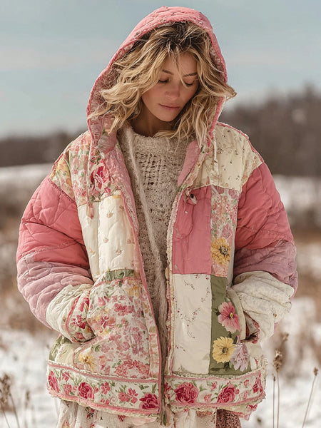 Vêtements chauds matelassés à capuche en coton à patchwork floral pour femmes 