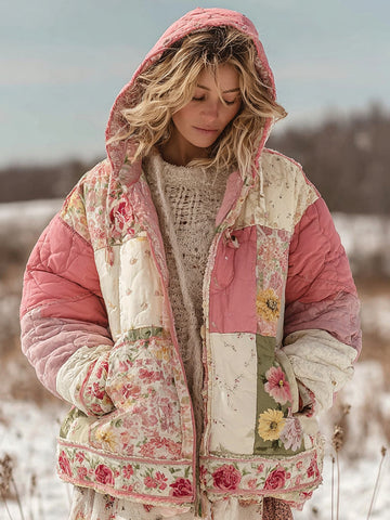 Vêtements chauds matelassés à capuche en coton à patchwork floral pour femmes 