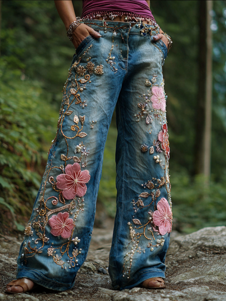 Pantalones vaqueros largos de mujer estilo bohemio con bordado de flores y plantas, corte holgado, pierna ancha y rectos. 