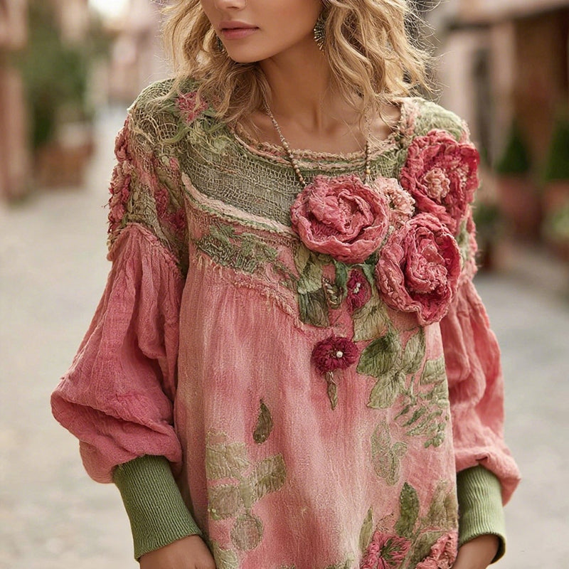 Sweat-shirt bohème à fleurs et colorblock pour femme, col rond, confortable et décontracté 