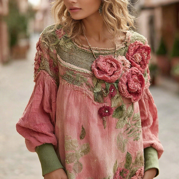 Sweat-shirt bohème à fleurs et colorblock pour femme, col rond, confortable et décontracté 