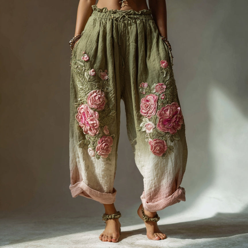Pantalones de lino vintage con bordado degradado de rosas rosas 