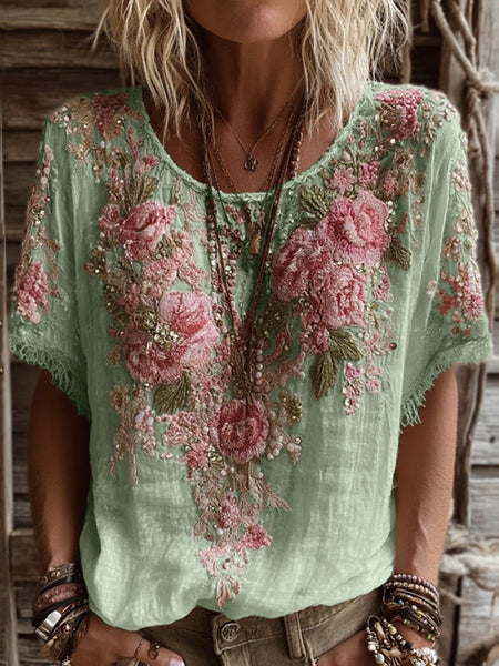 Camiseta de mujer de manga corta, cuello redondo y mezcla de lino con bordado de rosas rosas 