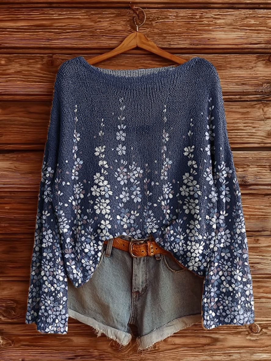 Women's Retro Flowers Print Casual Pullover Sweater